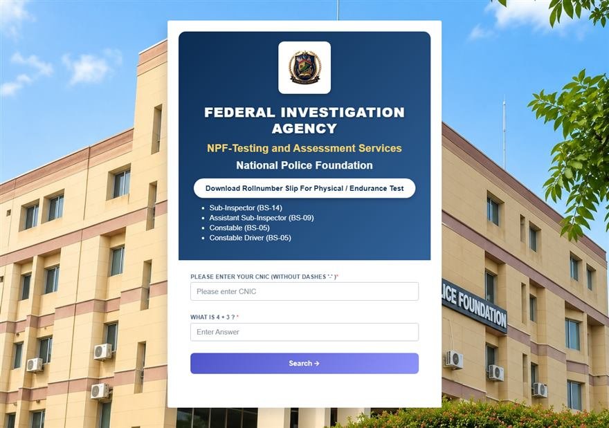 npftas roll no slip 2026 download page on npftas.pk asking for CNIC to download the FIA physical test slip